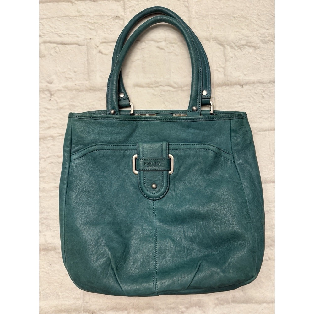 Perlina‎ Brushed Leather Hobo Shoulder Bag Purse Green Buckle Medium Tote